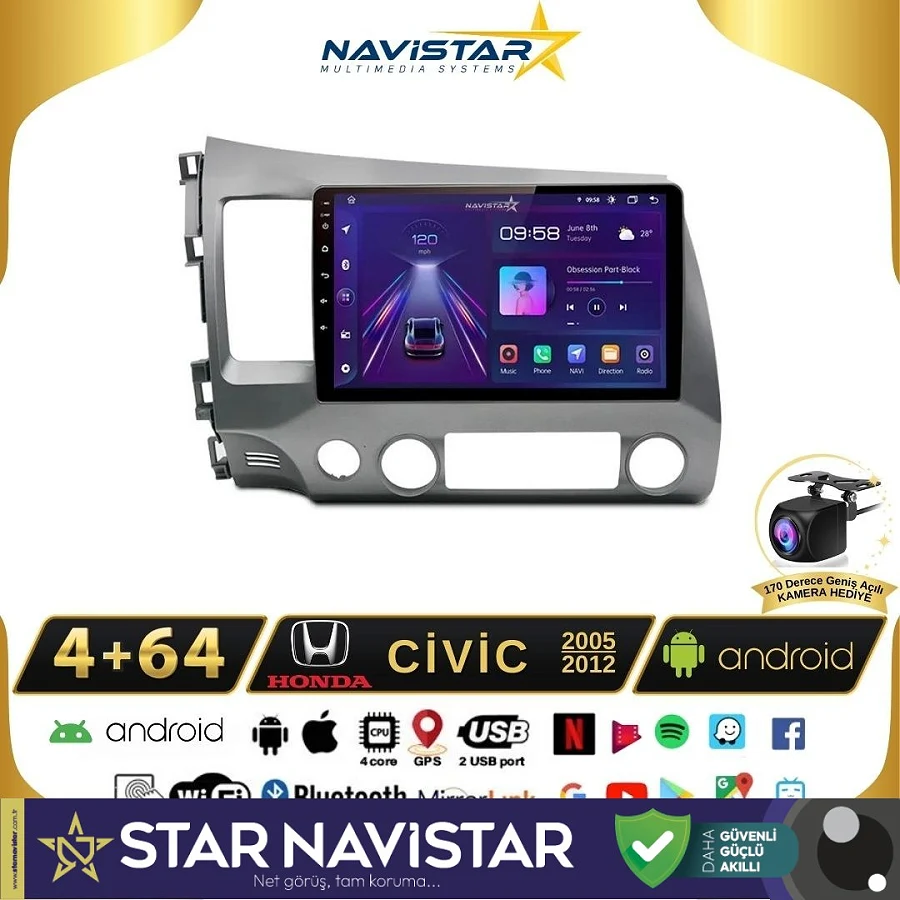 Honda Civic 2005-2012 Model 4GB + 64GB Android 13 Kablosuz Carplay Navigasyon Multimedya Sistemi
