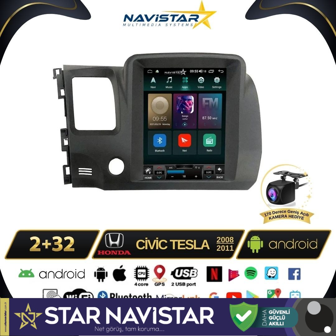 Honda Civic 2005-2012 Tesla Model 2GB + 32GB Kablosuz Carplay Navigasyon Multimedya Sistemi