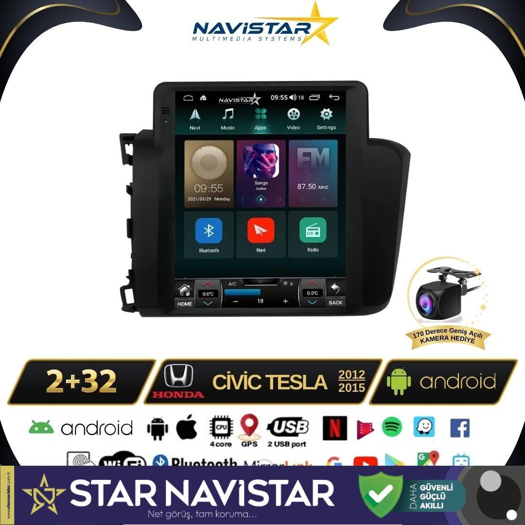 Honda Civic Tesla 2012-2015 Model 2GB + 32GB Kablosuz Carplay Navigasyon Multimedya Sistemi