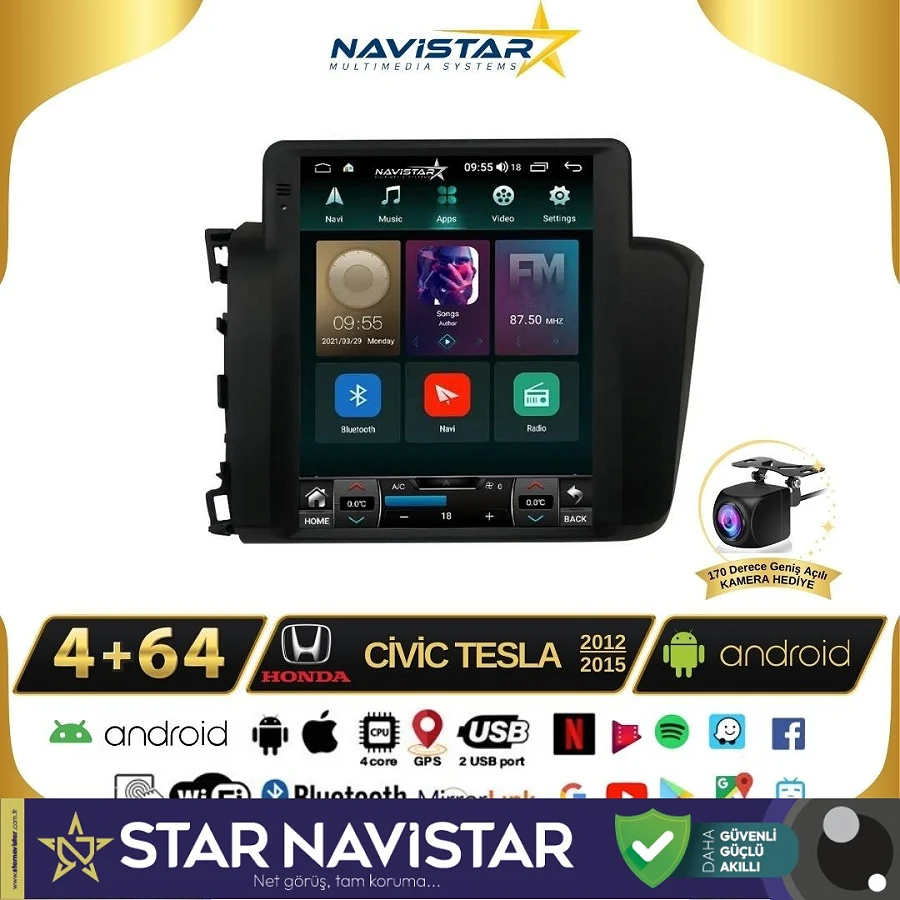 Honda Civic Tesla 4GB + 64GB 2012-2015 Model Kablosuz Carplay Navigasyon Qled Multimedya Sistemi