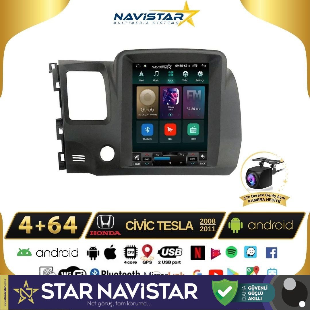 Honda Civic Tesla 4GB + 64GB 2008-2011 Model Kablosuz Carplay Navigasyon Qled Multimedya Sistemi
