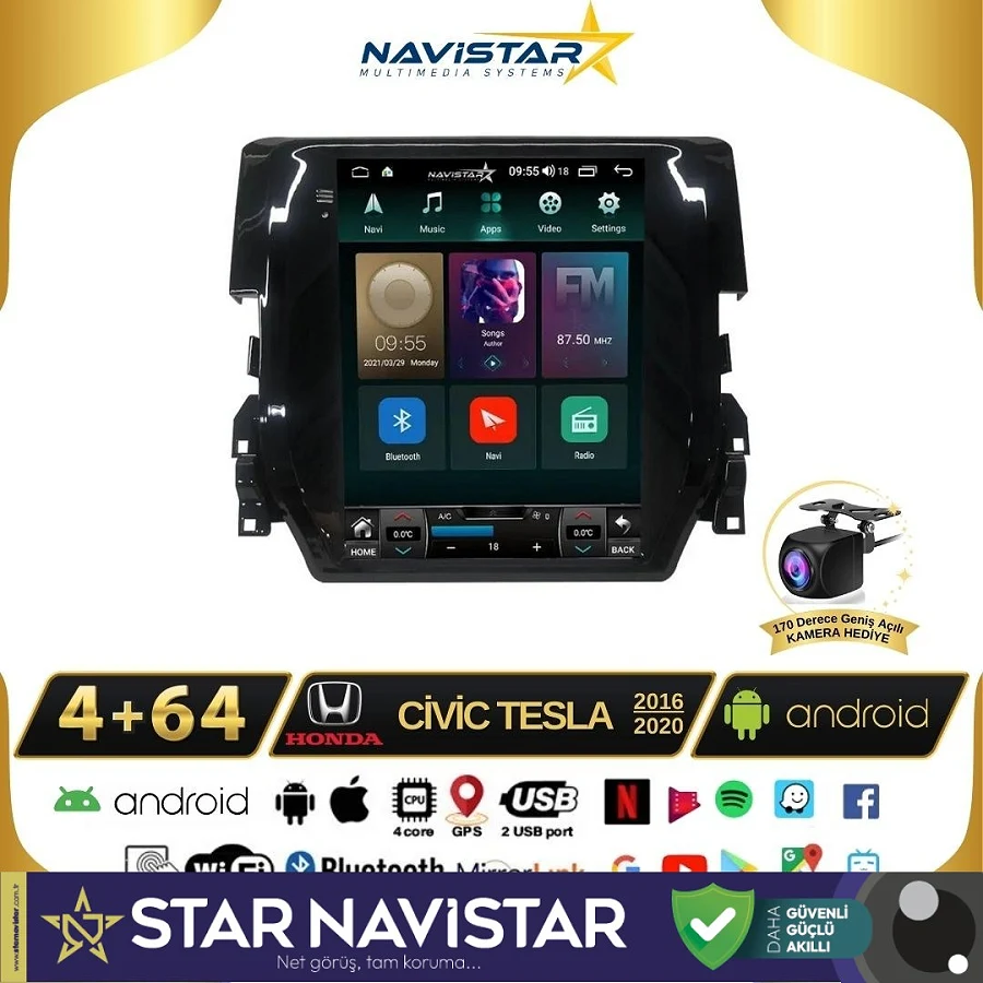 Honda Civic Tesla 4GB + 64GB 2016-2020 Model Kablosuz Carplay Navigasyon Qled Multimedya Sistemi