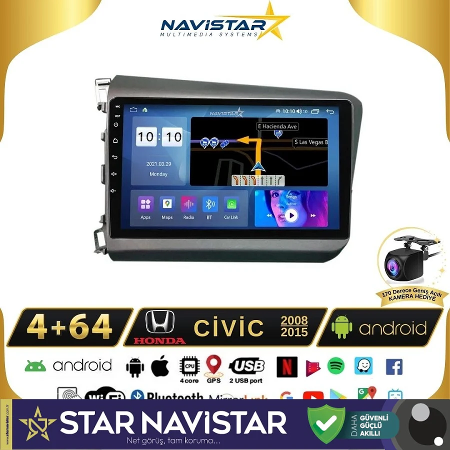 Honda Civic  2008-2015 Model 4GB + 64GB Android 13 Kablosuz Carplay Navigasyon Multimedya Sistemi