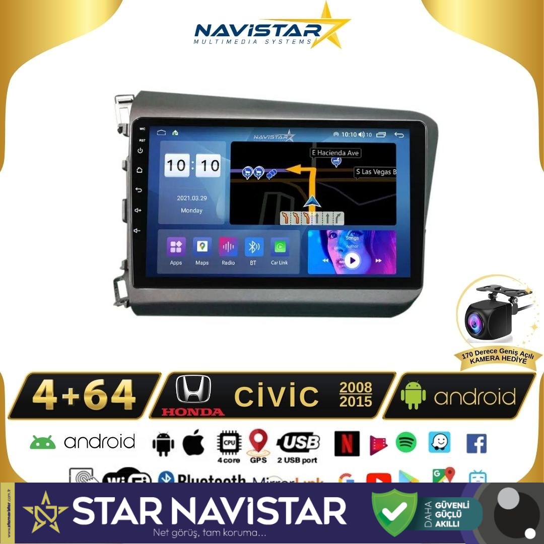 Honda Civic  2008-2015 Model 4GB + 64GB Android 13 Kablosuz Carplay Navigasyon Multimedya Sistemi