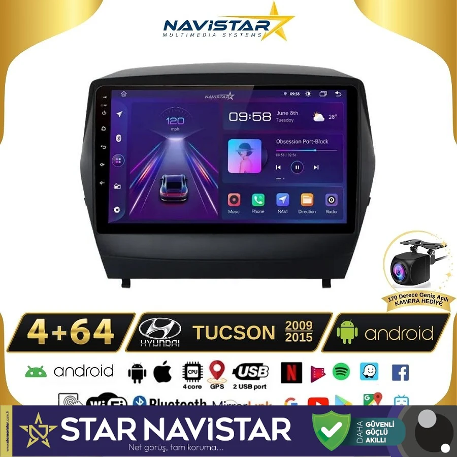 Hyundai Tucson 4GB + 64GB Kablosuz Carplay 2009-2015 Android 13 Navigasyon Multimedya Sistemi
