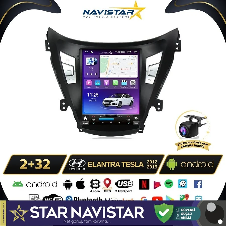 Hyundai Elantra Tesla 2012-2015 Model 2GB + 32GB Kablosuz Carplay Navigasyon Multimedya Sistemi