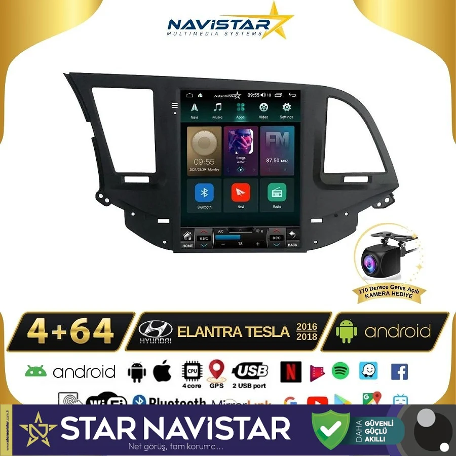 Hyundai Elantra Tesla 4GB + 64GB 2016-2018 Model Kablosuz Carplay Navigasyon Qled Multimedya Sistemi
