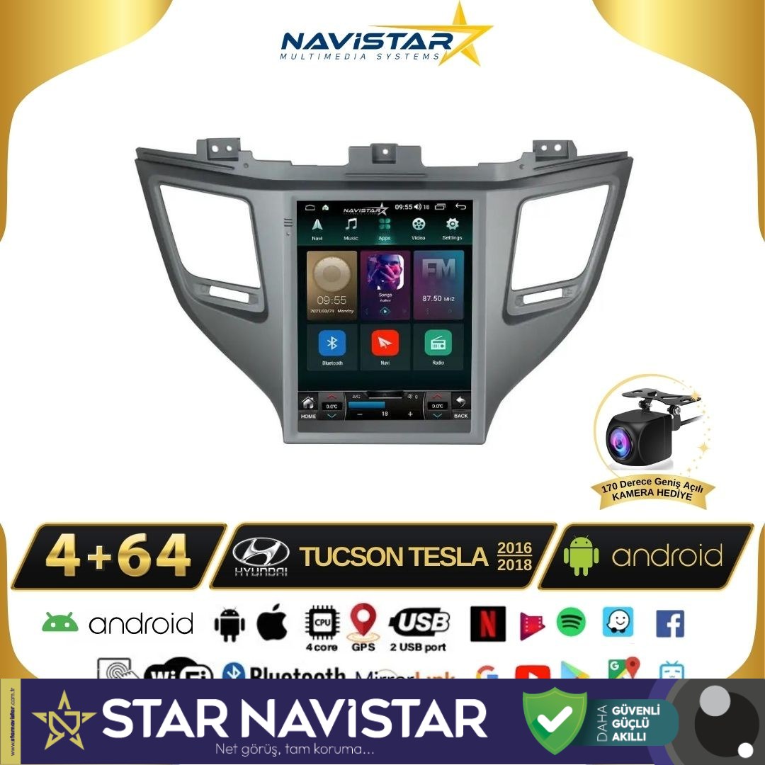 Hyundai Tucson Tesla 4GB + 64GB 2016-2018 Model Kablosuz Carplay Navigasyon Qled Multimedya Sistemi