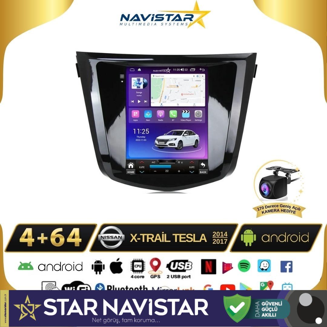 Nissan XTrail Tesla 4GB + 64GB 2014-2017 Model  Kablosuz Carplay Navigasyon Qled Multimedya Sistemi