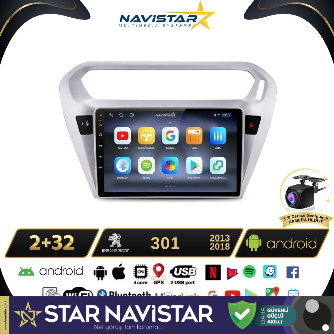 Peugeot 301 2+64GB Kablosuz Carplay 2013-2018 Android 13 Navigasyon Multimedya Sistemi