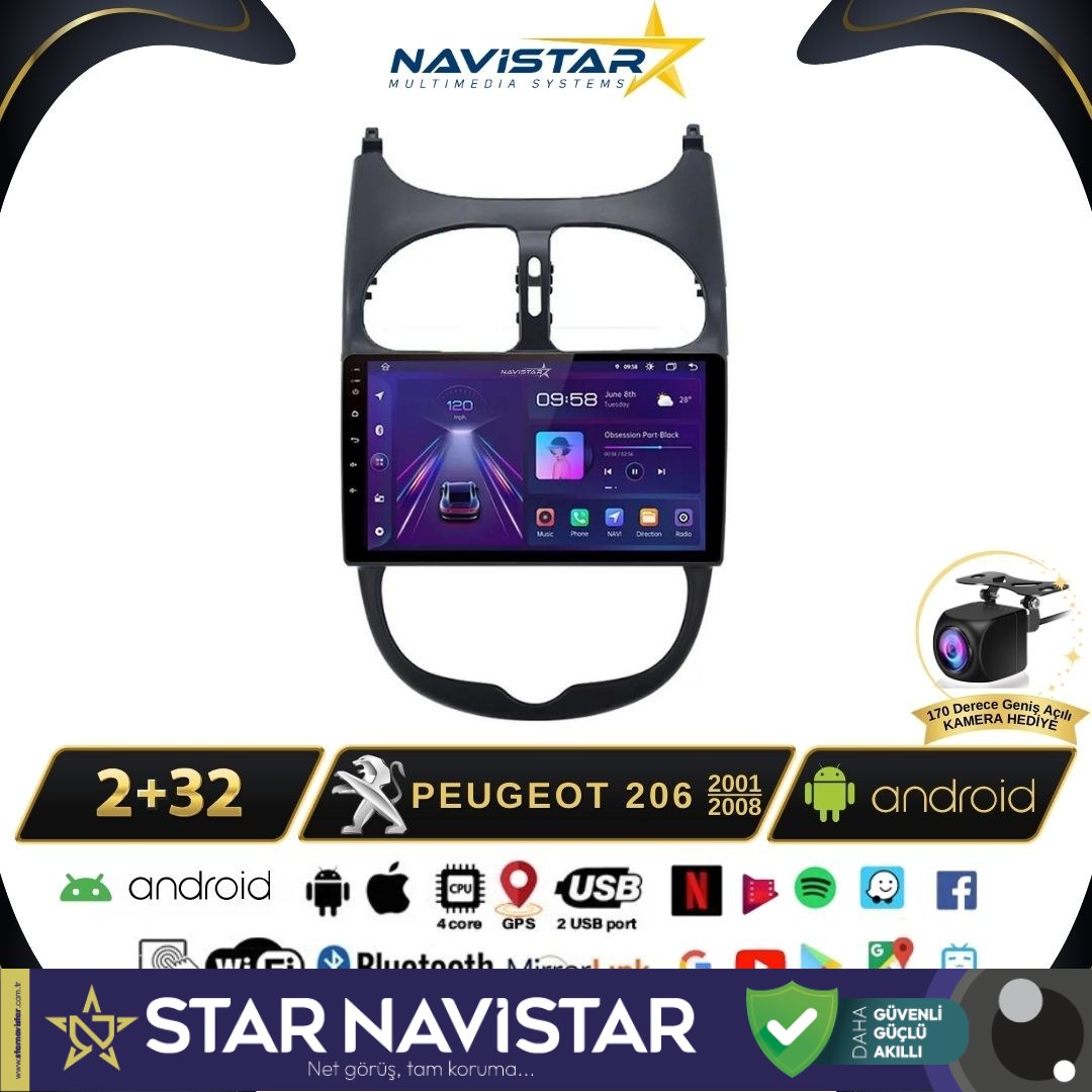 Peugeot 206  2001-2008 Model 2GB + 64GB Android 13 Kablosuz Carplay Navigasyon Multimedya Sistemi