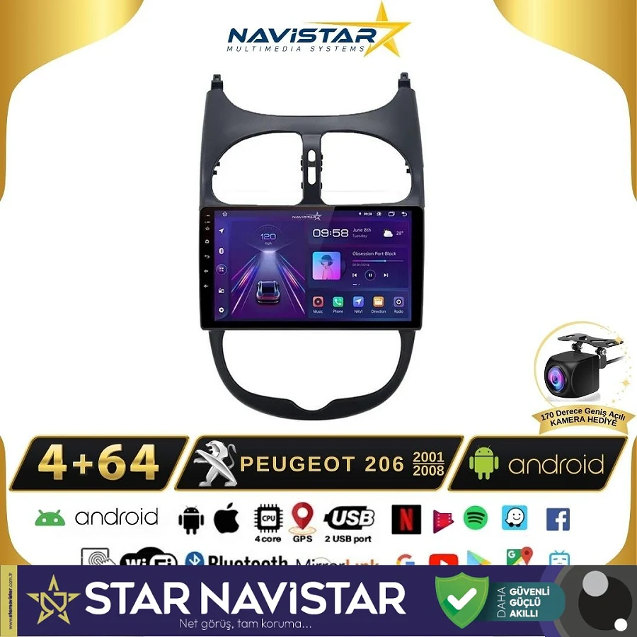 Peugeot 206  2001-2008 Model 4GB + 64GB Android 13 Kablosuz Carplay Navigasyon Multimedya Sistemi