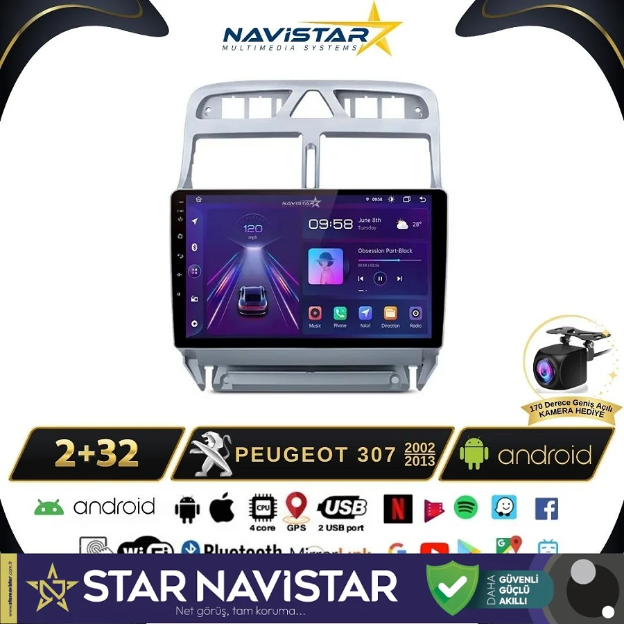 Peugeot 307  2002-2013 Model 2GB + 64GB Android 13 Kablosuz Carplay Navigasyon Multimedya Sistemi