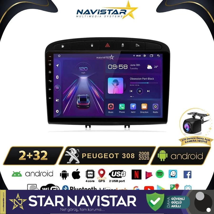 Peugeot 308  2008-2020 Model 2GB + 64GB Android 13 Kablosuz Carplay Navigasyon Multimedya Sistemi