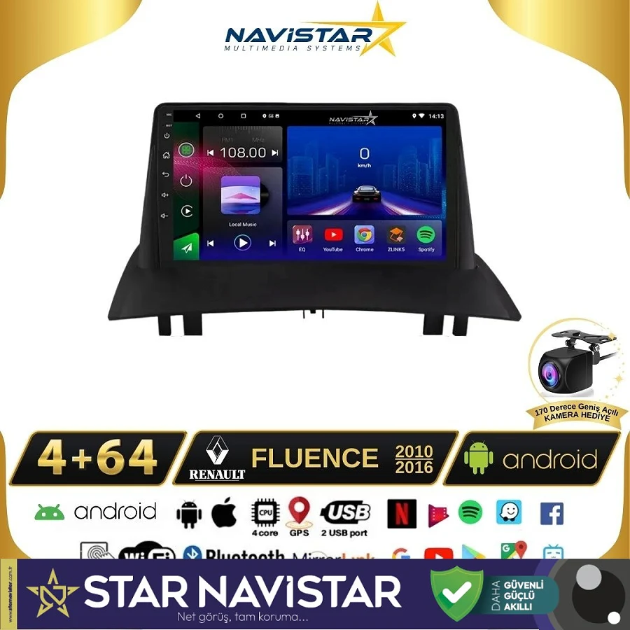 Fluence 4+64 GB Android 13 Kablosuz Carplay Navigasyon Multimedya Sistemi