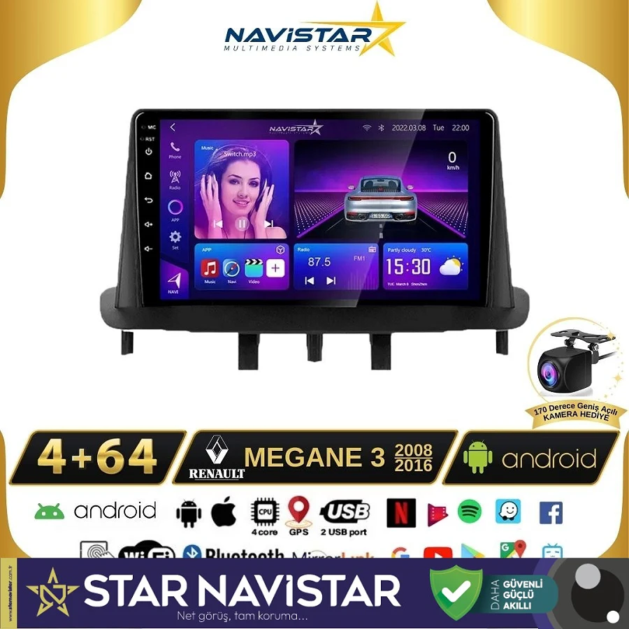 Megane 3 Kablosuz Carplay 4+64 GB Android 13 Navigasyon Multimedya Sistemi