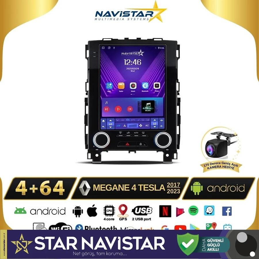 Renault Megane 4 Tesla 4GB + 64GB 2017-2023 Model Android Qled Kablosuz Carplay Navigasyon Multimedya Sistemi