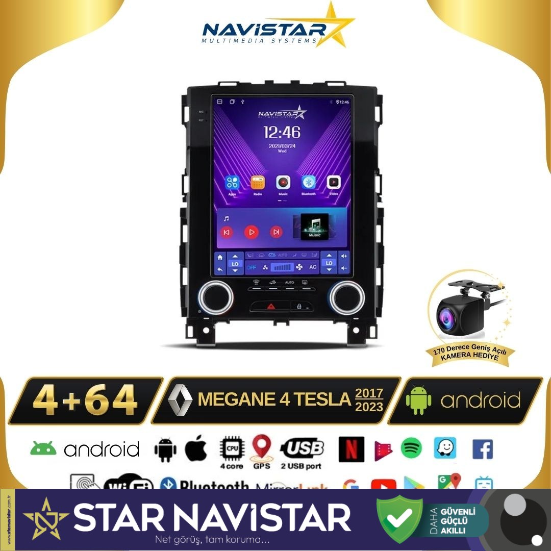 Renault Megane 4 Tesla 4GB + 64GB 2017-2023 Model Android Qled Kablosuz Carplay Navigasyon Multimedya Sistemi