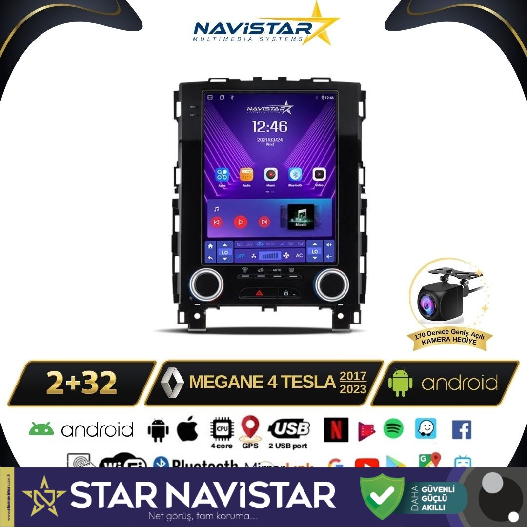 Renault Megane 4 Tesla 2017-2023 Model 2+32GB Android  Kablosuz Carplay Navigasyon Multimedya Sistemi