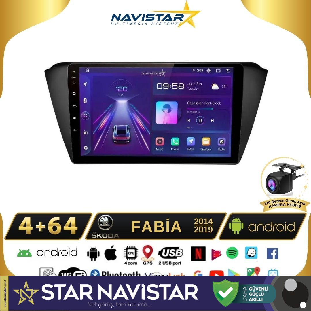 Skoda Fabia 2014-2019 Model 4+64 GB Android 13 Kablosuz Carplay Navigasyon Multimedya Sistemi