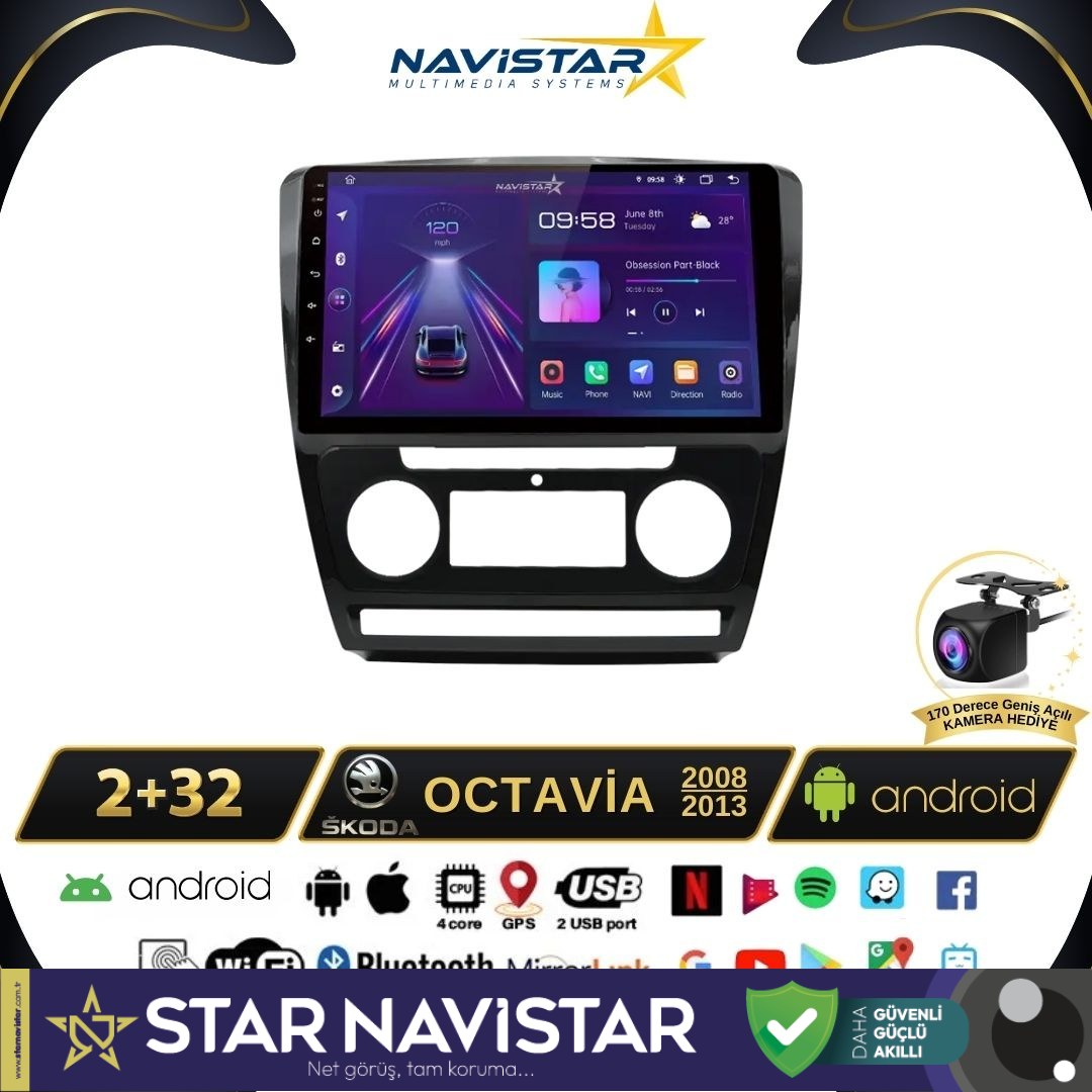 Skoda Octavia 2008-2013 Model 2+64GB Android 13 Kablosuz Carplay Navigasyon Multimedya Sistemi