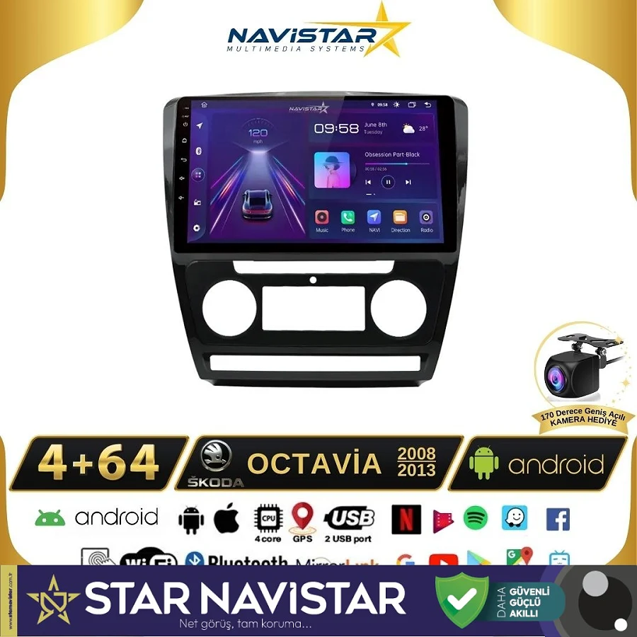 Skoda Octavia 2008-2013 Model 4GB + 64GB Android 13 Kablosuz Carplay Navigasyon Multimedya Sistemi