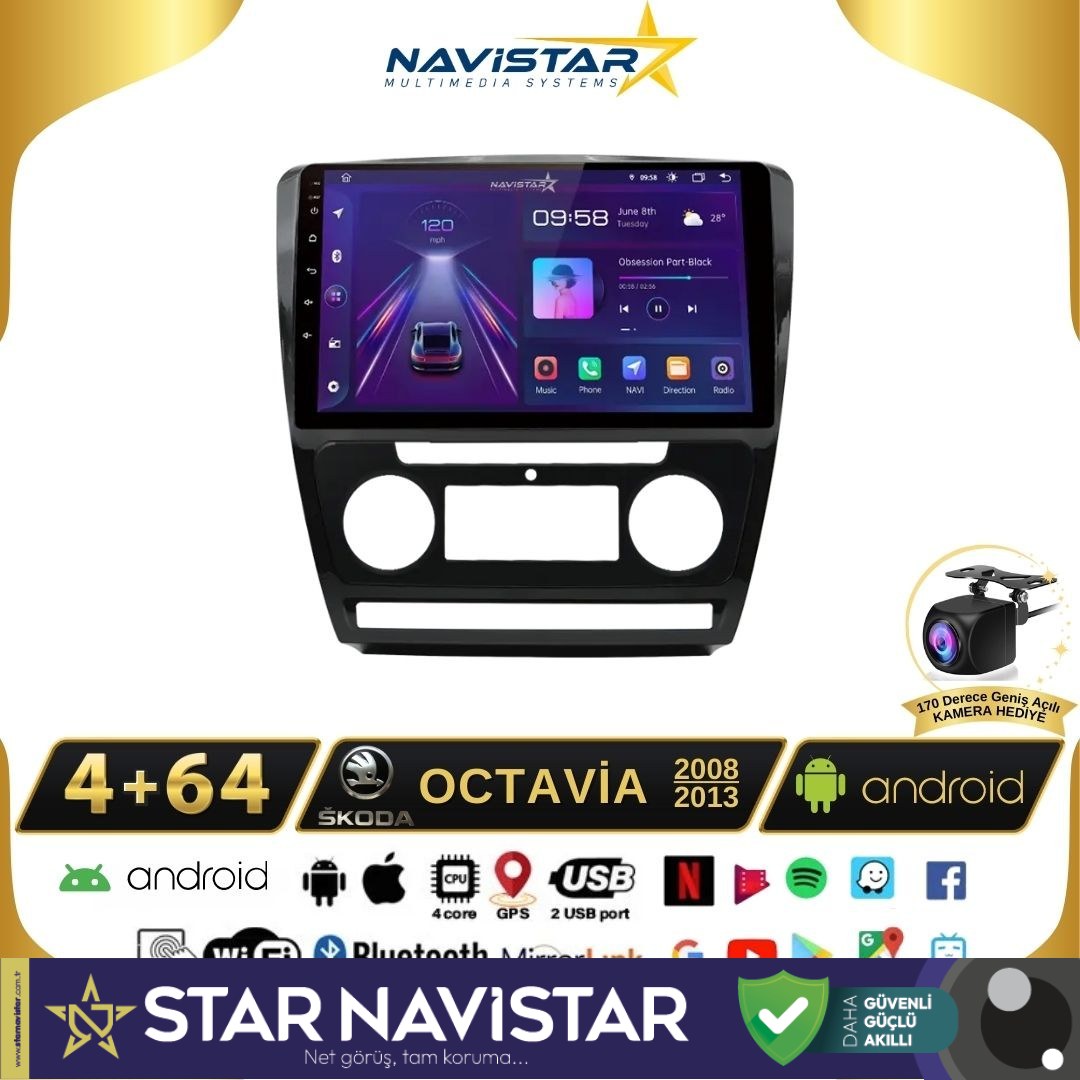 Skoda Octavia 2008-2013 Model 4GB + 64GB Android 13 Kablosuz Carplay Navigasyon Multimedya Sistemi