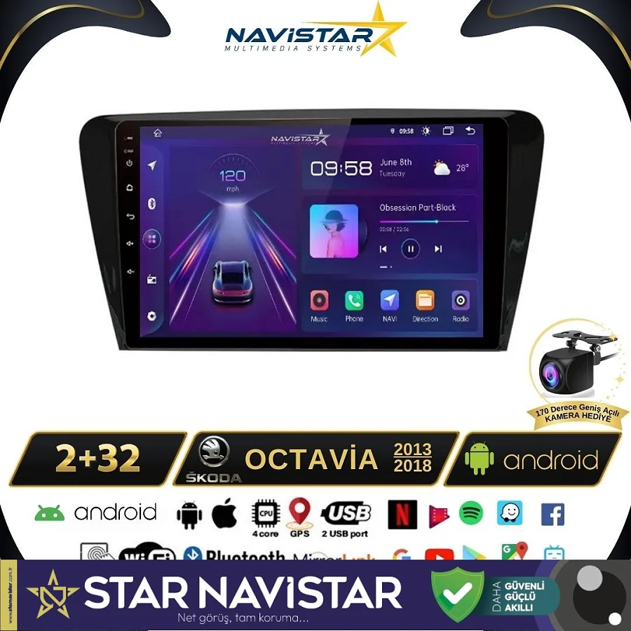 Skoda Octavia 2013-2018 Model 2+64GB Android 13 Kablosuz Carplay Navigasyon Multimedya Sistemi