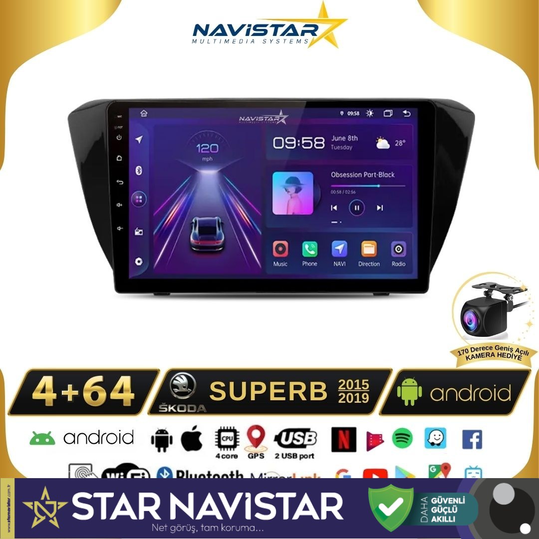 Skoda Superb 2015-2019 Model 4GB + 64GB Android 13 Kablosuz Carplay Navigasyon Multimedya Sistemi