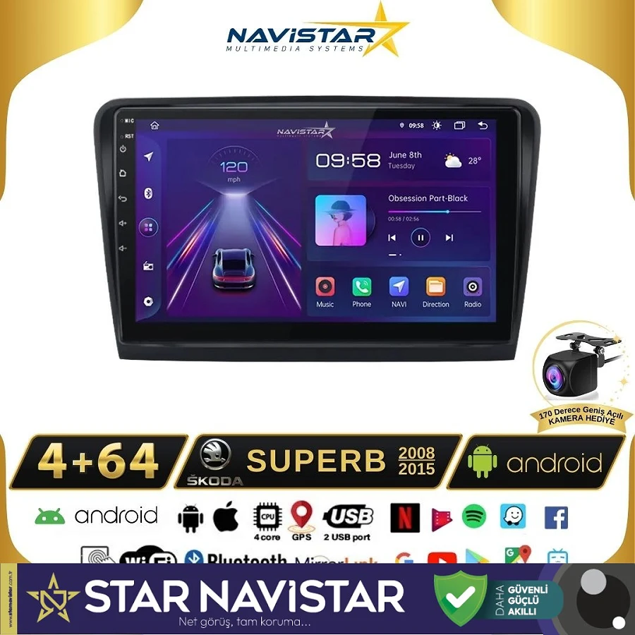 Skoda Superb 4GB + 64GB 2008-2015 Model Android 13 Kablosuz Carplay Navigasyon Multimedya Sistemi