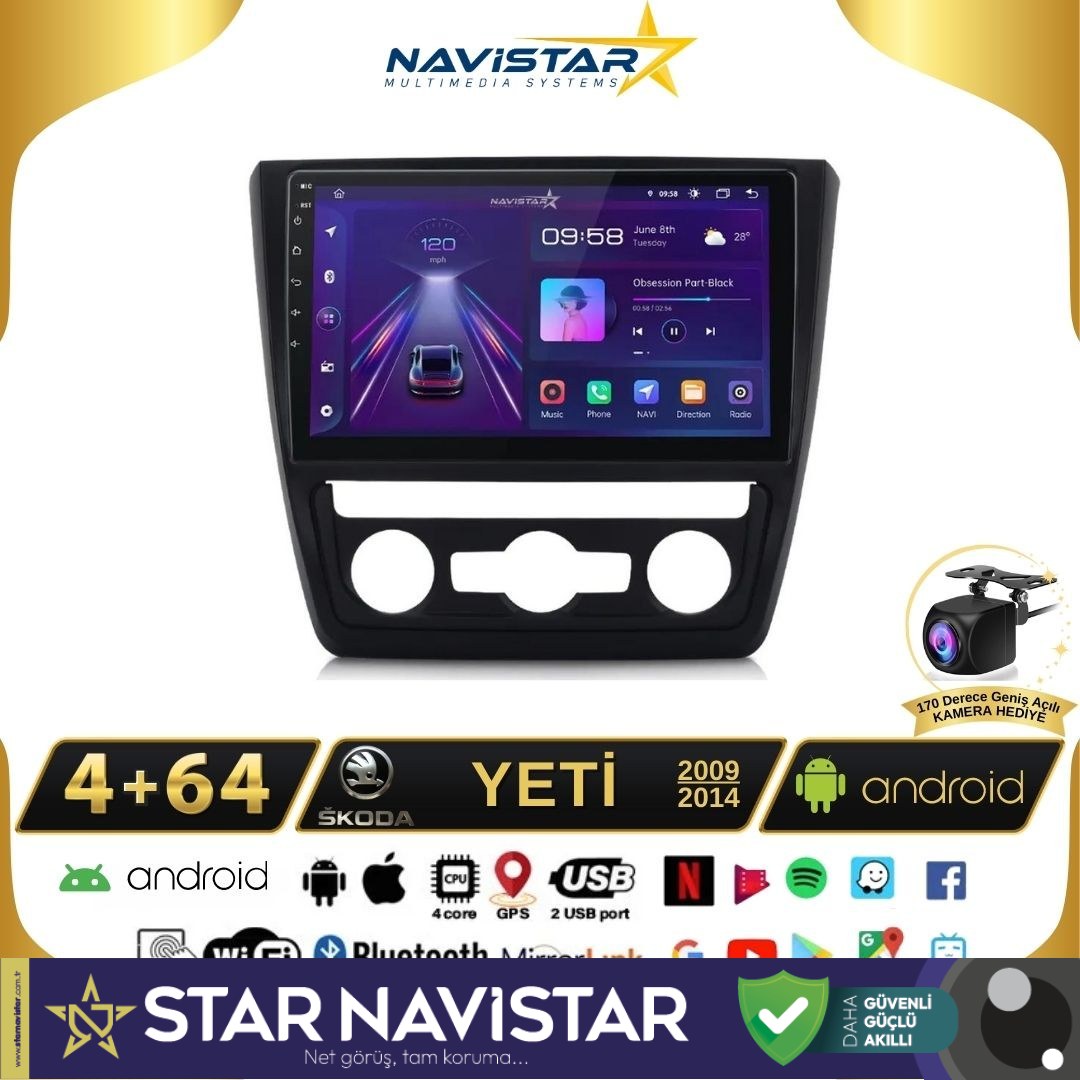 Skoda Yeti 4GB + 64GB 2009-2014 Model Android 13 Kablosuz Carplay Navigasyon Multimedya Sistemi