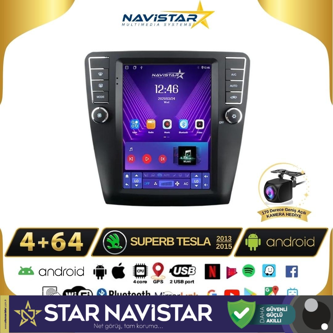 Skoda Superb Tesla 4GB + 64GB 2013-2019 Model  Kablosuz Carplay Navigasyon Qled Multimedya Sistemi