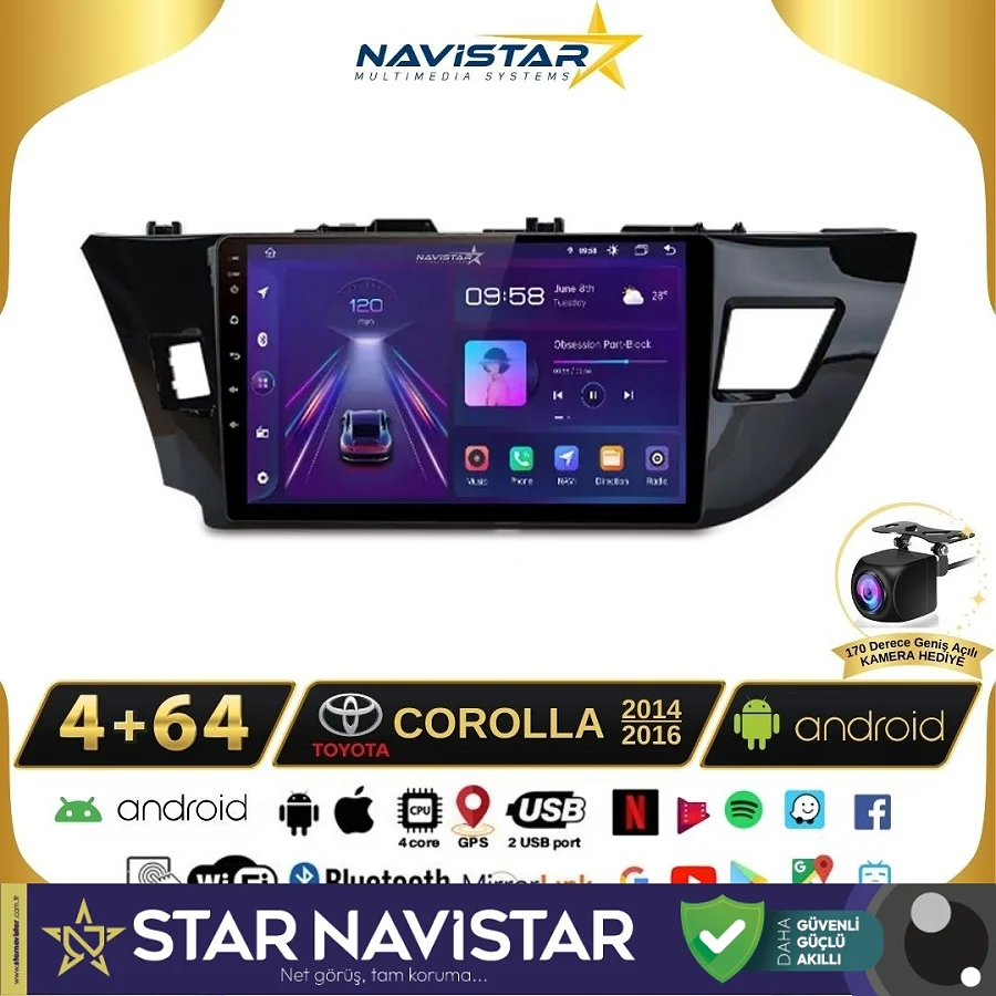 Toyota Corolla 4GB + 64GB Kablosuz Carplay 2014-2016 Android 13 Navigasyon Multimedya Sistemi