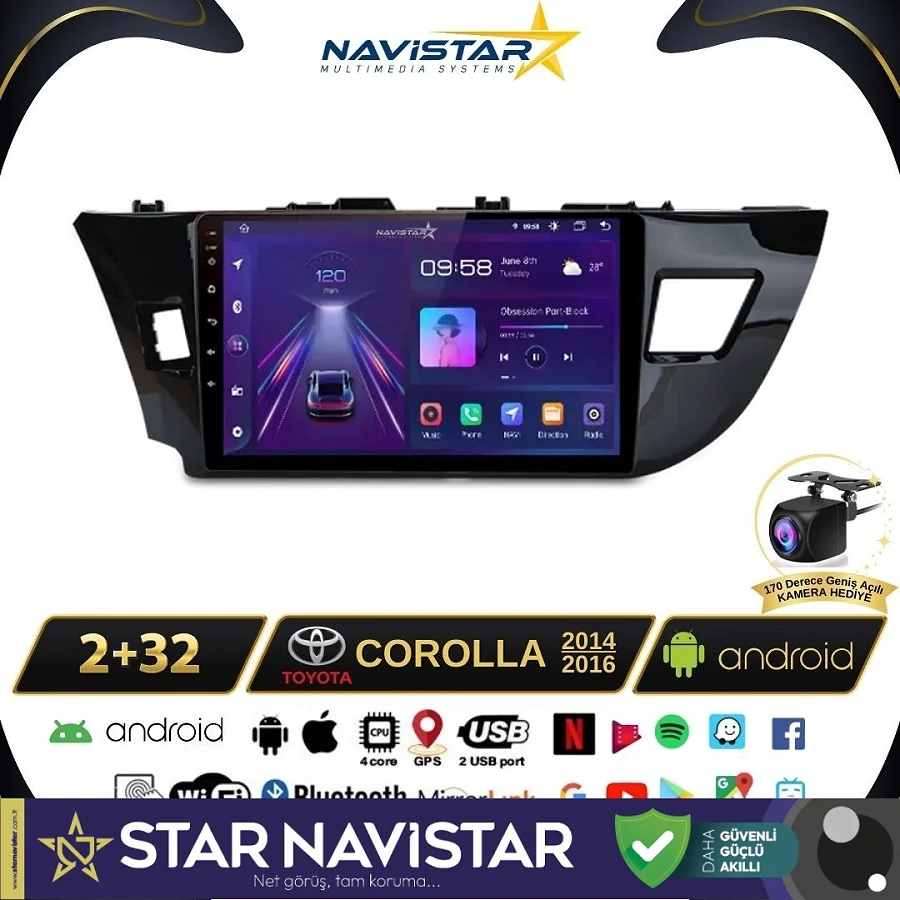 Toyota Corolla 2+64GB Kablosuz Carplay 2014-2016 Android 13 Navigasyon Multimedya Sistemi