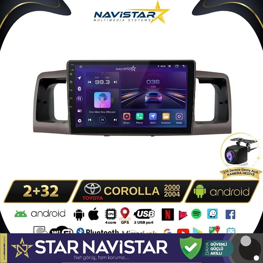 Toyota Corolla 2000-2004 Model 2+64GB Android 13 Kablosuz Carplay Navigasyon Multimedya Sistemi