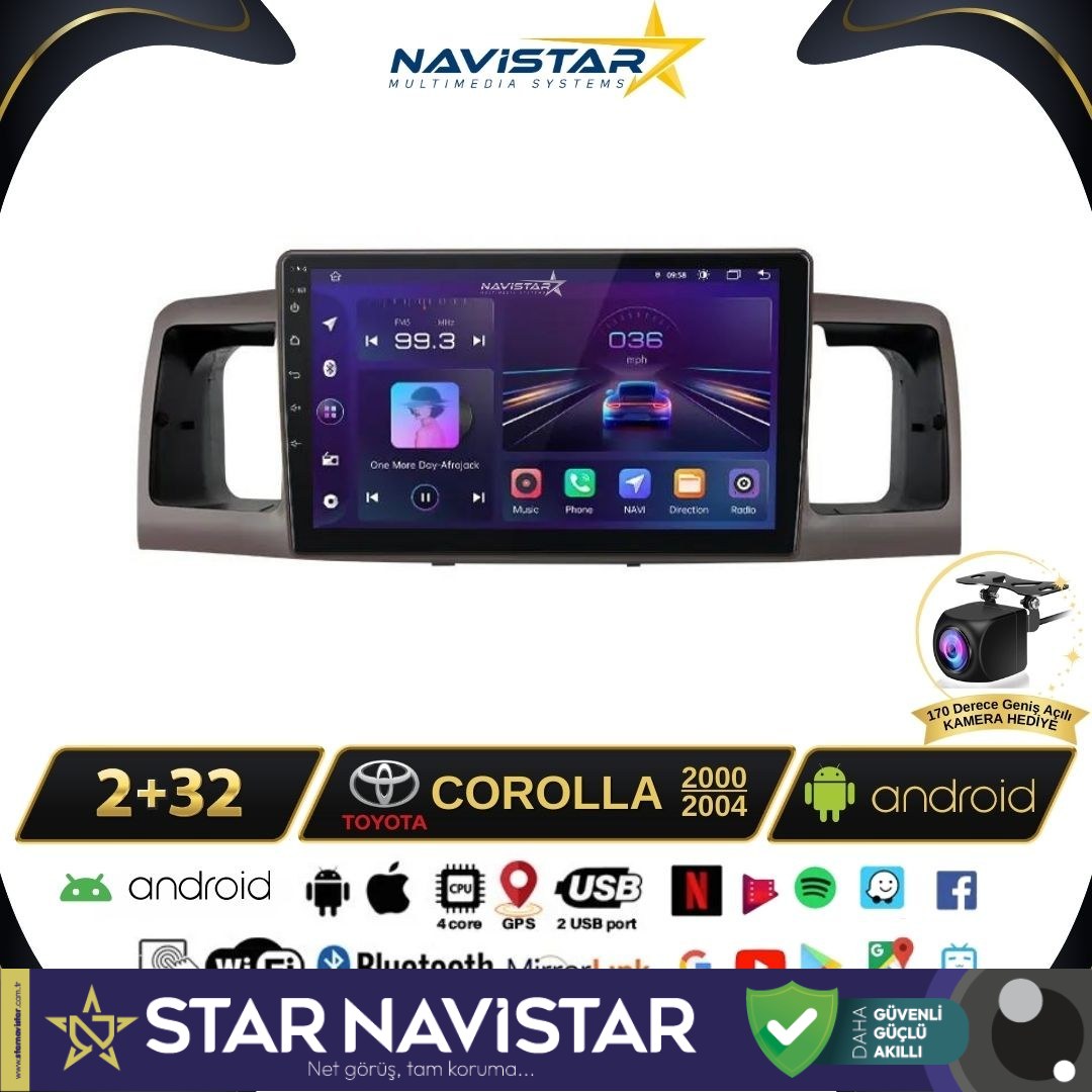 Toyota Corolla 2000-2004 Model 2+64GB Android 13 Kablosuz Carplay Navigasyon Multimedya Sistemi