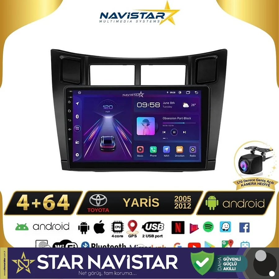 Toyota Yaris 2005-2012 Model 4GB + 64GB Android 13 Kablosuz Carplay Navigasyon Multimedya Sistemi