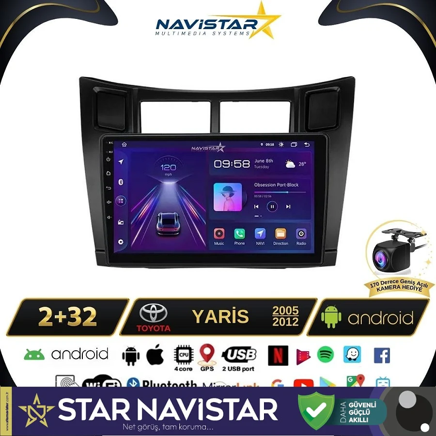 Toyota Yaris 2005-2012 Model 2+64GB Android 13 Kablosuz Carplay Navigasyon Multimedya Sistemi