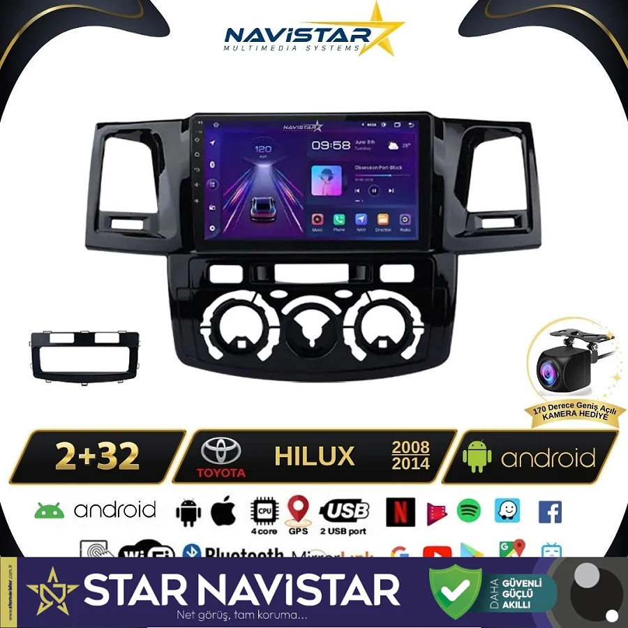 Toyota Hilux 2008-2014 Model 2+64GB Android 13 Kablosuz Carplay Navigasyon Multimedya Sistemi