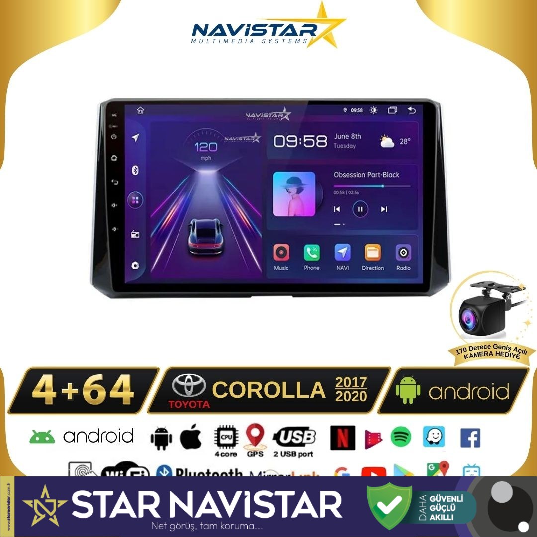 Toyota Corolla 2017-2020 Model 4GB + 64GB Android 13 Kablosuz Carplay Navigasyon Multimedya Sistemi
