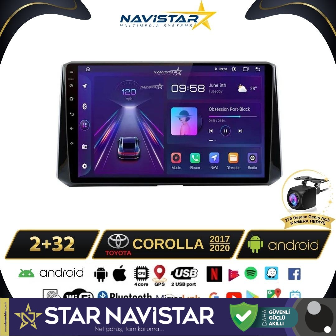 Toyota Corolla 2017-2020 Model 2+64GB Android 13 Kablosuz Carplay Navigasyon Multimedya Sistemi