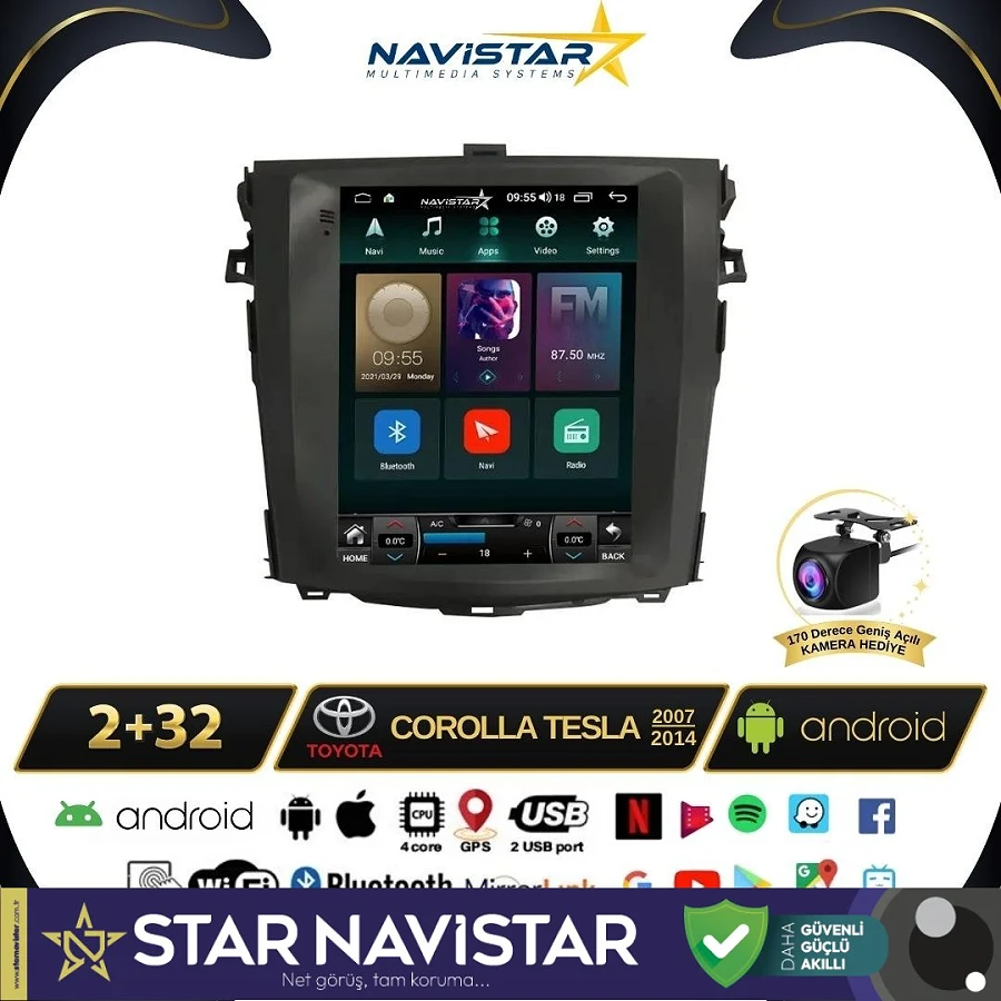 Toyota Corolla Tesla 2007-2014 Model 2GB + 32GB Kablosuz Carplay Navigasyon Multimedya Sistemi