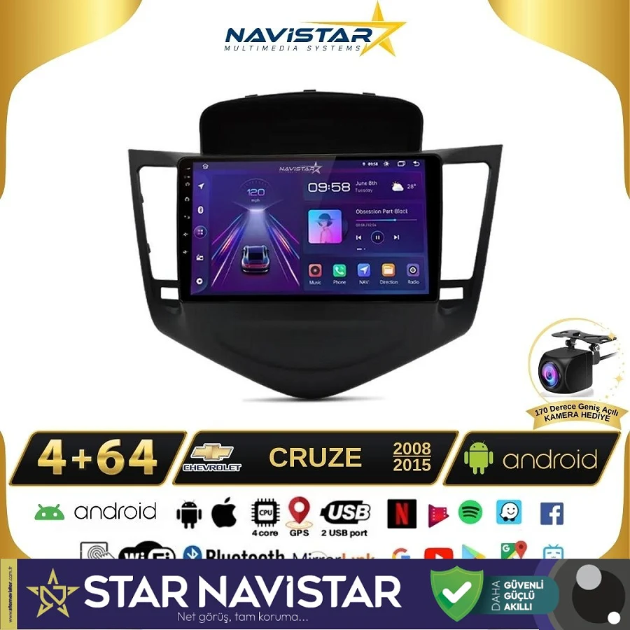 Chevrolet Cruze 4GB + 64GB Kablosuz Carplay 2008-2015 Android 13 Navigasyon Multimedya Sistemi