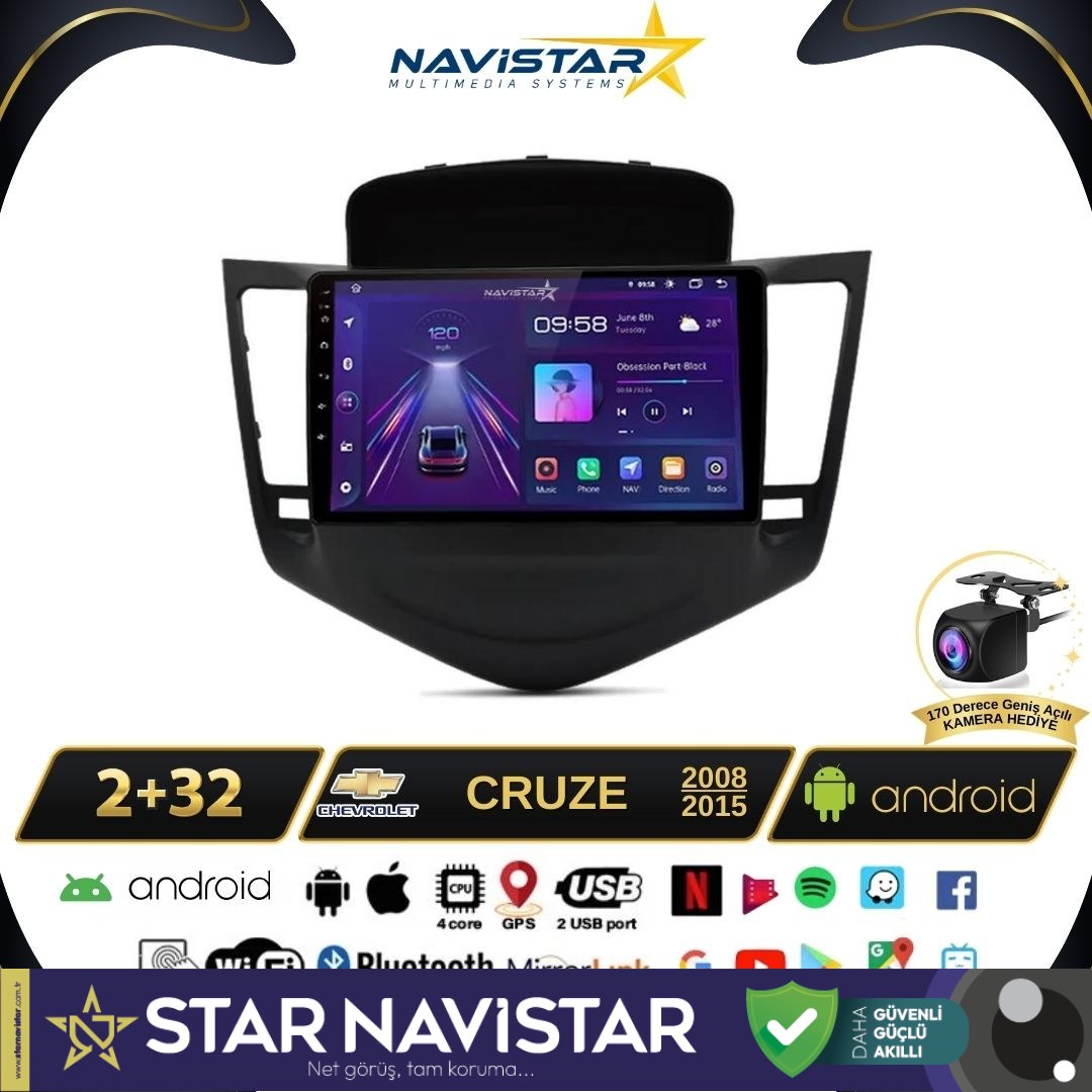 Chevrolet Cruze 2+64GB Kablosuz Carplay 2008-2015 Android 13 Navigasyon Multimedya Sistemi