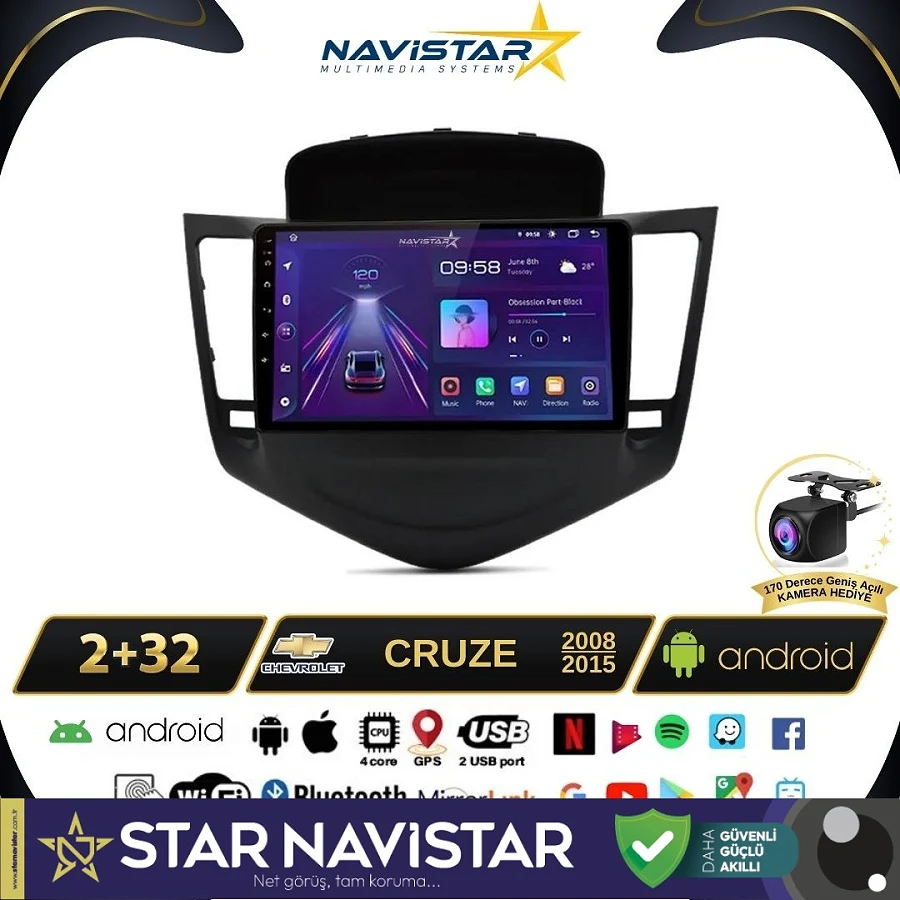 Chevrolet Cruze 2+64GB Kablosuz Carplay 2008-2015 Android 13 Navigasyon Multimedya Sistemi