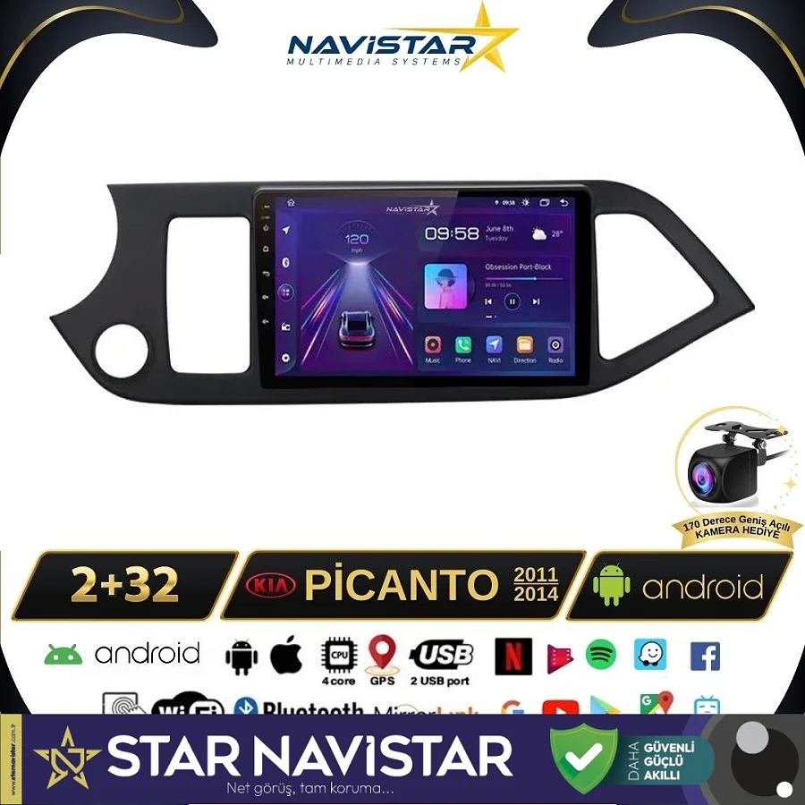 Kia Picanto 2011-2014 Model 2+64GB Android 13 Kablosuz Carplay Navigasyon Multimedya Sistemi
