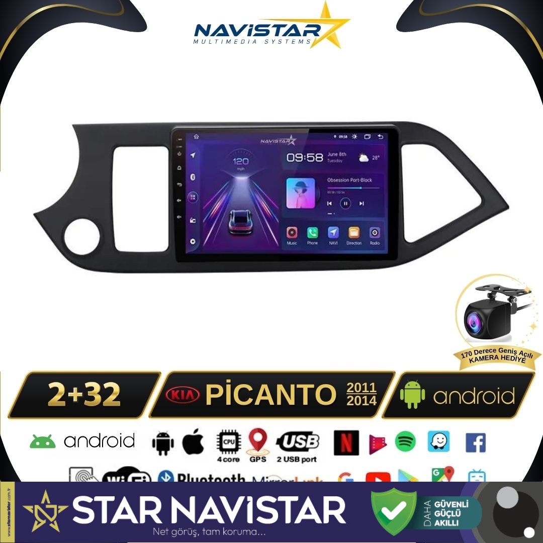 Kia Picanto 2011-2014 Model 2+64GB Android 13 Kablosuz Carplay Navigasyon Multimedya Sistemi