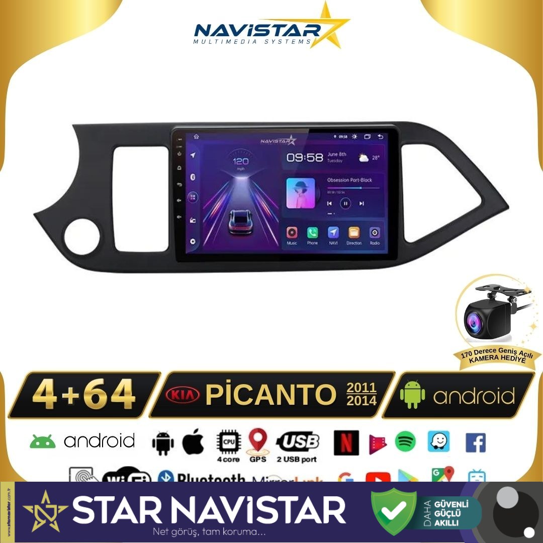 Kia Picanto 2011-2014 Model 4+64GB Android 13 Kablosuz Carplay Navigasyon Multimedya Sistemi