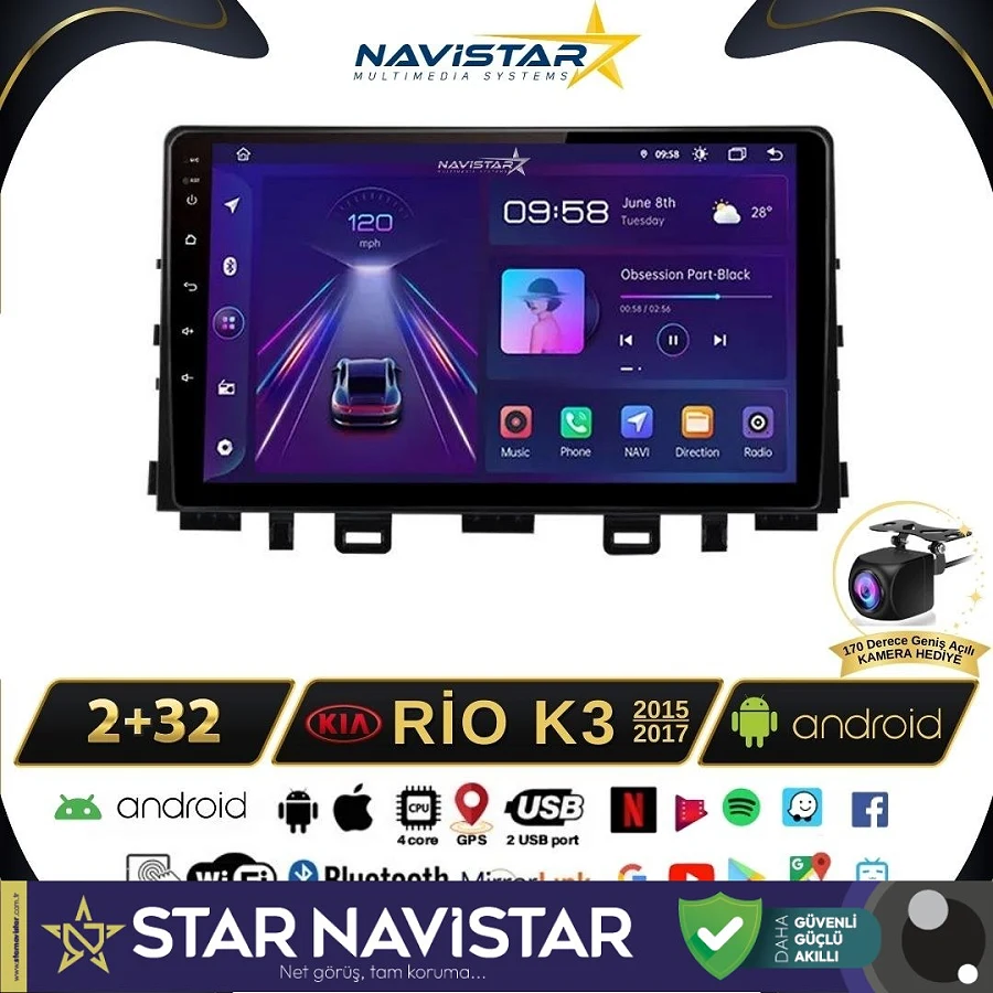 Kia Rio K3 2015-2017 Model 2+64GB Android 13 Kablosuz Carplay Navigasyon Multimedya Sistemi