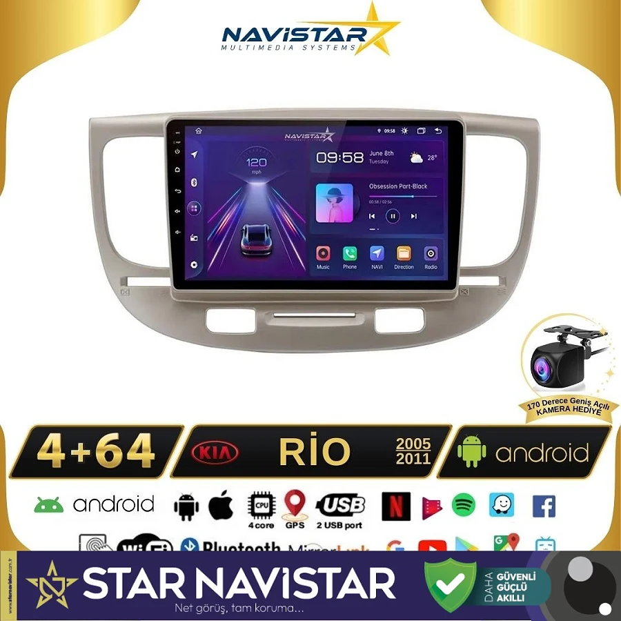 Kia Rio2 2005-2011 Model 4+64GB Android 13 Kablosuz Carplay Navigasyon Multimedya Sistemi